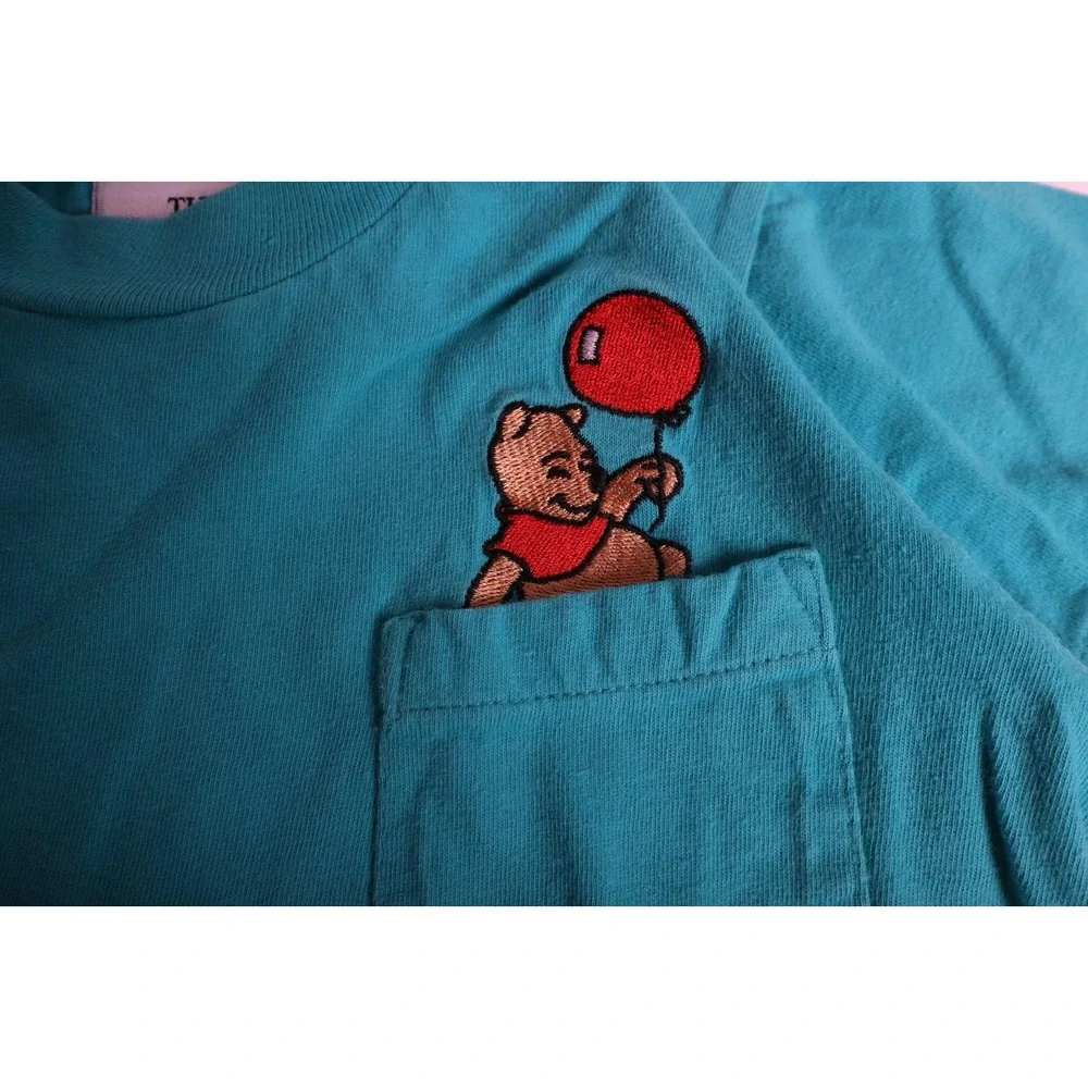 Vintage Disney Store Winnie the Pooh Pocket T-Shirt Teal Kids Small 6-8 Balloon